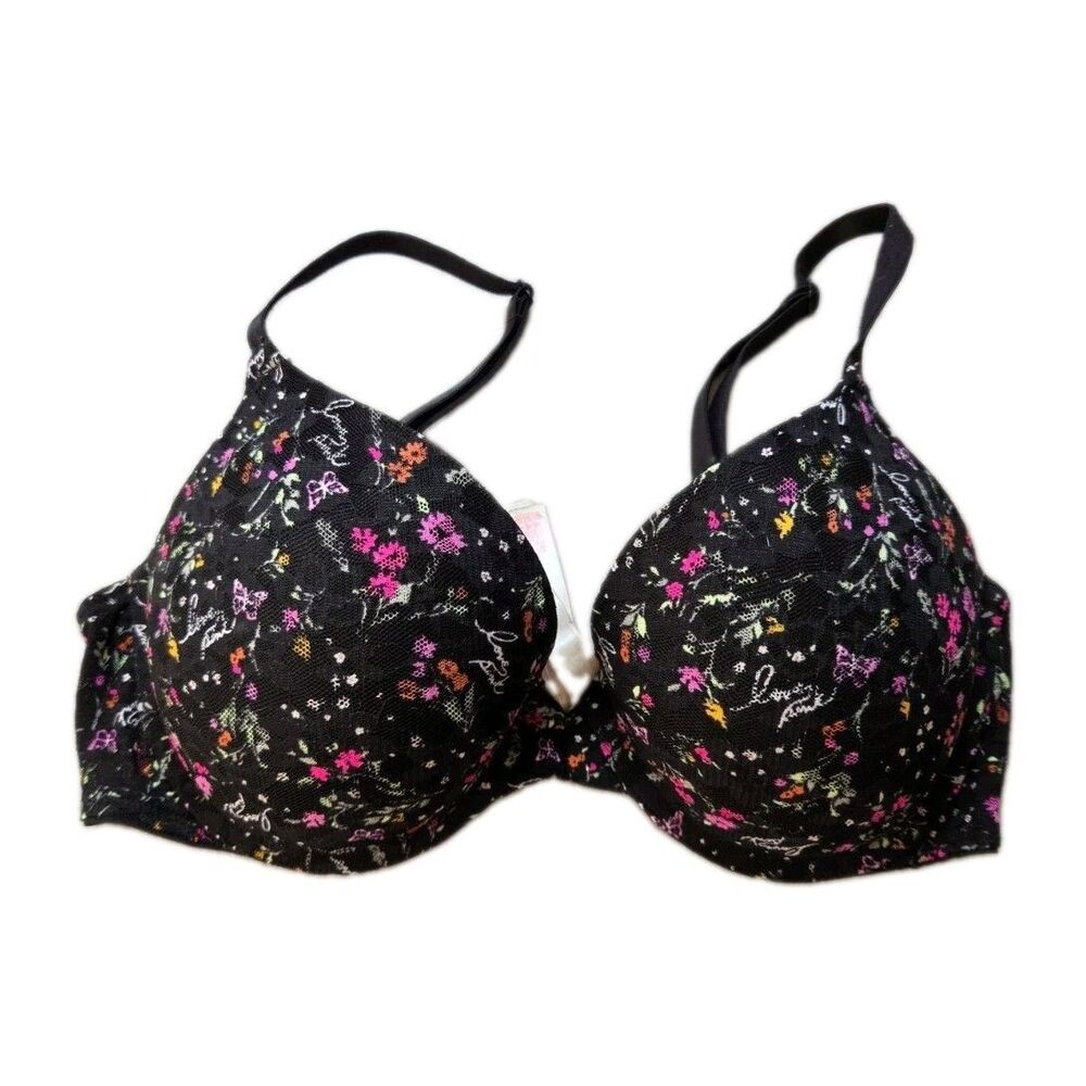 PINK Victoria’s Secret Black Floral Lace Wear Everywhere Push Up Bra 34D EUC